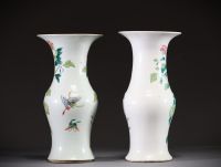 Chine - Paire de vases famille rose en porcelaine polychrome émaillée à décor de fleurs et papillon, époque Qing, XIXème.