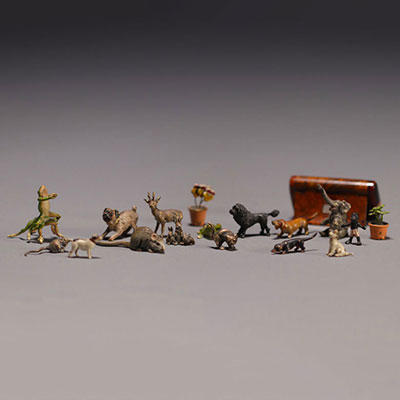 Set of 17 miniature subjects in polychrome Vienna bronzes and a small burr elm box.