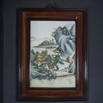 China - Large polychrome porcelain plate decorated with a mountain landscape, Republic period.