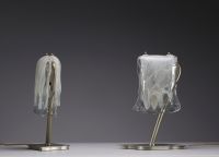 Murano - Pair of wall lights in transparent glass and white shades, circa 1980.