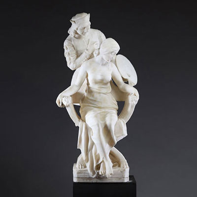Imposante sculpture en albâtre : 'Scène romantique.