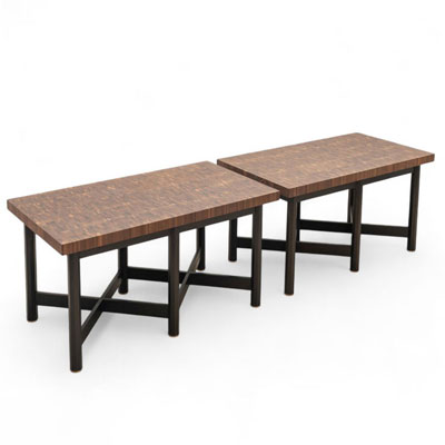 Jules WABBES (1919-1974) Pair of consoles, solid wenge standing wood top, black lacquered wood geometric base.