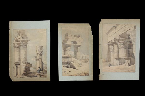 David ROBERTS (1796-1864) attr. à - Trois vues du Temple d'Edfou, crayon et aquarelle sur papier, vers 1838.