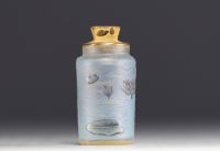 DAUM Nancy - Small perfume bottle in acid-etched frosted glass, enamelled decoration of water lilies, signed.
