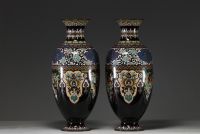 Japan - A pair of cloisonné vases with floral and phoenix decoration, Meiji period.