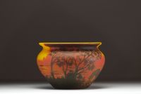 MULLER Frères Lunéville - Acid-etched multi-layered glass bowl with shepherd and sheep design, signed.