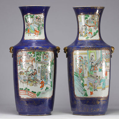 Large pair of blue powdered porcelain vases decorated with scenes of life from the 19th century