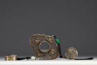 China - Metal pendant decorated with bats and jade beads.
