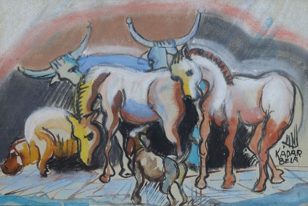 Béla KADAR (1877-1956) Chevaux et buffles, aquarelle sur papier.