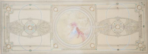 Attribué à Privat Livemont (1861–1936) Projet de plafond Art nouveau – Vers 1900 Dessin et aquarelle sur papier  Ce grand dessin aquarellé, probablement un projet décoratif pour un plafond, illustre la rencontre harmonieuse entre géométrie architecturale et végétation stylisée, dans l’esprit le plus pur de l’Art nouveau belge. L’ensemble est structuré autour d’un médaillon central circulaire, dans