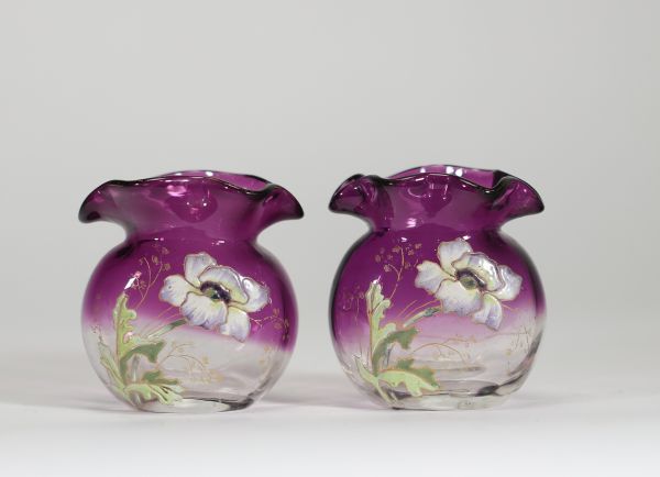 Paire de vases en verre émaillé – Montjoye – Art Nouveau, circa 1900