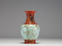China - Red and gold porcelain vase, imitation turquoise stone, handles in the form of elephant heads, mark under the piece, 19th century
