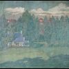 Maurice Guilbert (1876-1933), huile sur toile, la maison au toit bleu, signé en bas à droite. La signature est à peine lisible à cause d’un repeint effectué par l’artiste.