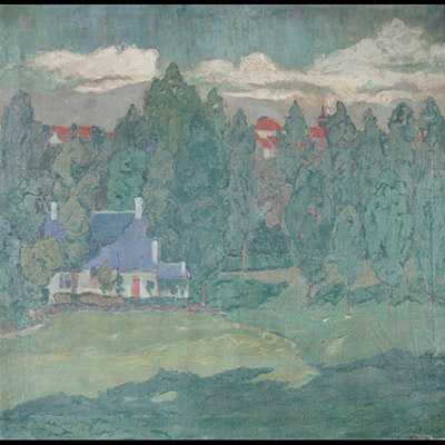 Maurice Guilbert (1876-1933), huile sur toile, la maison au toit bleu, signé en bas à droite. La signature est à peine lisible à cause d’un repeint effectué par l’artiste.