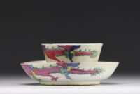 China - Bowl and plate in pink family polychrome porcelain decorated with dragons.