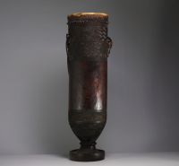 Africa DRC - Ceremonial Kuba drum in carved wood and skin.