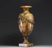 Imposing marble and ormolu urn with ram heads and garlands of flowers, 19th century.