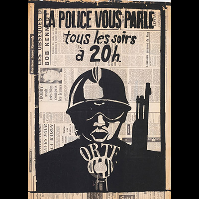 Mai 68 – La police vous parle tous les soir à 20h, ORTF  Affiche originale réalisée en sérigraphie couleur noir sur papier journal daté du 9 juin 1968. École Nle Supérieure des Beaux-Arts, toute sa marge non coupée, traces de plis, petites déchirures dans les marges, sujet intact. Non entoilée  85X60 cm