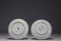 Chine - Paire d'assiettes en porcelaine blanc bleu marque et époque Kangxi