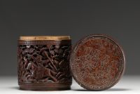 Asia - Covered carved bamboo box depicting a battle scene, early 19th century.