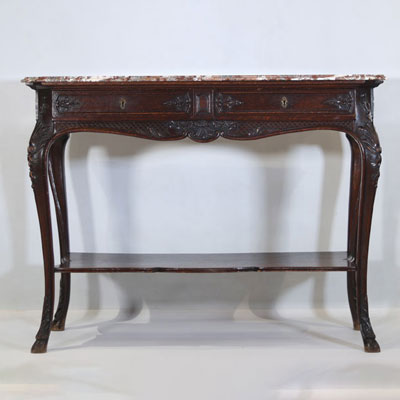 Liège console table, finely carved belt, curved legs ending in a goat's paw, marble top, 18th century.