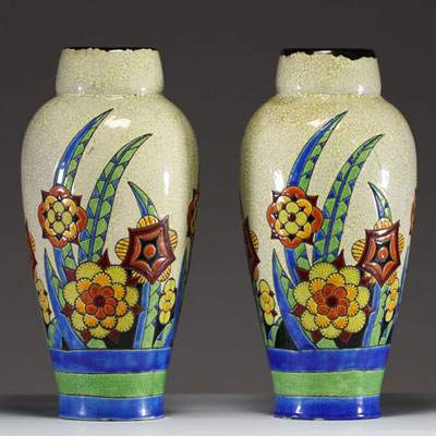 Boch Keramis - Pair of Art Deco glazed ceramic vases with floral and geometric decoration, stamped under the pieces, circa 1930.