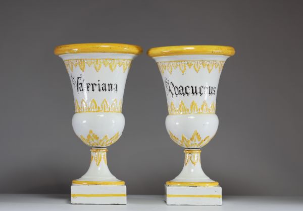 A pair of glazed ceramic Medici vases with floral decoration in relief and Latin script, late 18th century.