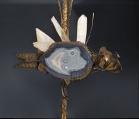 Marc D' HAENENS (20th century) Rare monumental pair of modernist sconces in bronze, steel and cerulean blue crystal geodes, circa 1970.