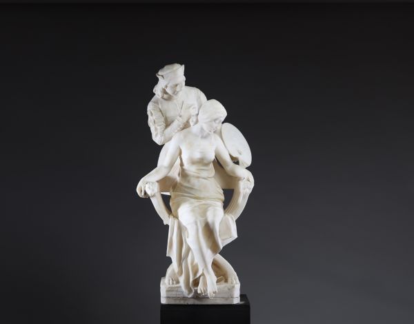 Imposante sculpture en albâtre : 'Scène romantique.