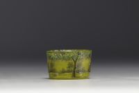 DAUM Nancy - Saleron in acid-etched and enamelled multi-layered glass with forest décor, signed.