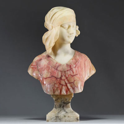 Auguste Henri CARLI (1868-1930) ‘Woman with scarf’ Bust in pink and cream alabaster, signed on the back.