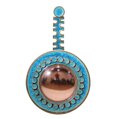 Gyula Végvàri, miroir convexe en verre rosé et encadrement en céramique émaillée bleu turquoise 1960