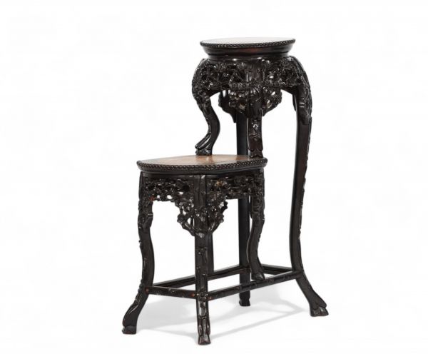 China - Carved and openwork zitan wood double-tiered saddle with marble top, 19th century.