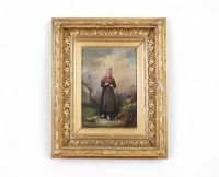 École populaire flamande ou hollandaise, XIXᵉ siècle Jeune femme en costume traditionnel dans un paysage portuaire