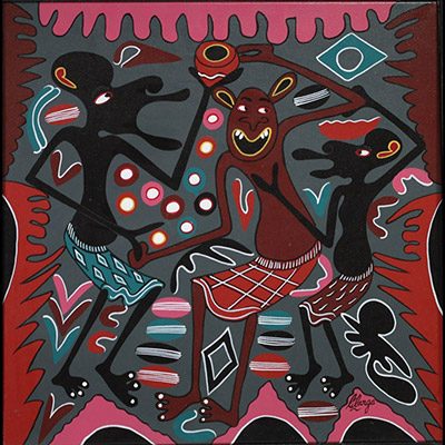George LILANGA (1934-2005) – Huile sur toile signée et titrée au dos : . Surnommé le Picasso africain, ce peintre Makonde ( Tanzanie) à eu une carrière avec de nombreuses expositions internationales . Dimensions : 61x61 cm