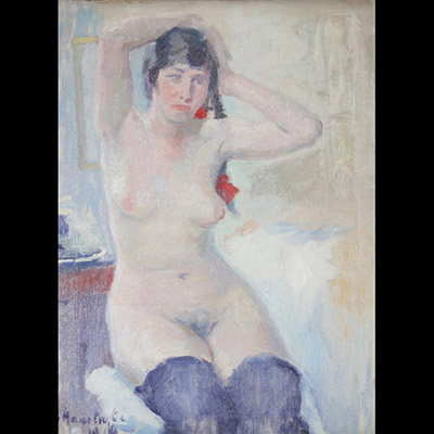 Gaston Haustrate (1878-1949) — Nu féminin assis, huile sur toile, signée et datée