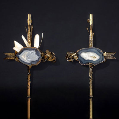 Marc D' HAENENS (20th century) Rare monumental pair of modernist sconces in bronze, steel and cerulean blue crystal geodes, circa 1970.