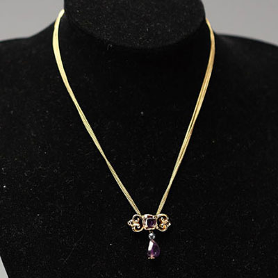Christian LACROIX - Necklace, violet stone drop and gilded metal pearl, signed.