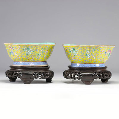 Paire de bols en porcelaine de la Famille Rose à décor de fleurs sur fond jaune du XIXe siècle