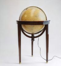GIRARD & BARRERE, Paris - Luminous glass globe, tripod mahogany base, zodiac signs on wooden belt, circa 1930