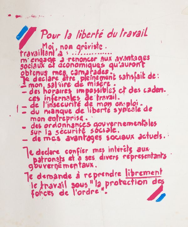 Mai 68 – Pour la liberté du travail. Moi, non gréviste …  Affiche originale réalisée en sérigraphie couleur rose et bleu. Toute sa marge non coupée, petites déchirures et manques dans la marge. Sujet intact, traces de plis. Non entoilée  56X44,8 cm