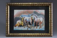 Béla KADAR (1877-1956) Chevaux et buffles, aquarelle sur papier.