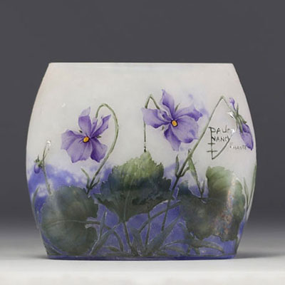 DAUM Nancy - Small vase in acid-etched marmorated glass with enamelled decoration of violets, signed.