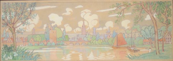 Rodolphe Wytsman (1860-1927), Le Lac d’Amour (Minnewater, Brugge), aquarelle sur papier, 21,7 x 60 cm, projet pour la fresque de salle à manger de Georges Hobé, Turin 1902.
