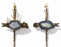 Marc D' HAENENS (20th century) Rare monumental pair of modernist sconces in bronze, steel and cerulean blue crystal geodes, circa 1970.