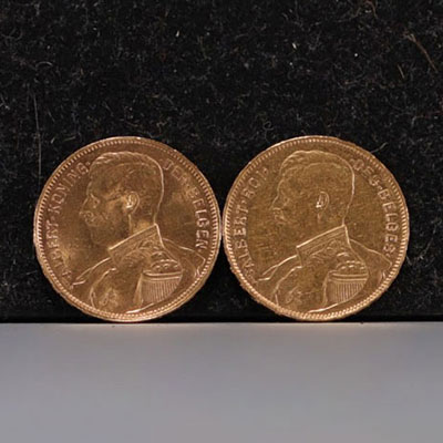 Set of two 20 franc Albert 1er gold coins of 1914.