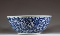 Chine - Imposant bassin en porcelaine blanc bleu à décor floral intérieur et extérieur, période Qing.