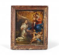 Représentation de la Vierge à l’Enfant avec saint dominicain en adoration .Ecole italienne ou espagnole, XVIIIe siècle