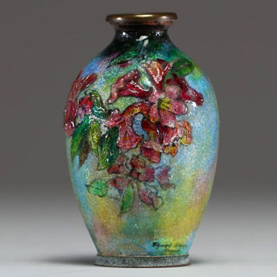Camille FAURÉ (1874-1956) Limoges enamel vase with floral design.
