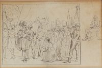 École italienne, ensemble de trois dessins à la plume et lavis, scènes à l'antique et paysage, d'époque XVIIIème.